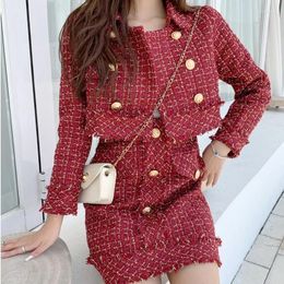 Work Dresses 2023 Women Retro Tweed Jacket A-line Skirt Two Piece Set Ladies Runway Spliced Plaid Gold Trim Short Coats Skirts Outfits Suits