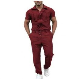 Jumpsuit men's patchwork casual fashion trend suit men's fashion short sleeved pocket drawstring zipper jumpsuit work suit X0615 S-3XL