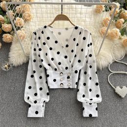 Women's Blouses 2023 Chiffon Women Polka Dot Shirts Vintage Double Breasted Long Sleeve Slim Tops Spring Fashion Korean White Short