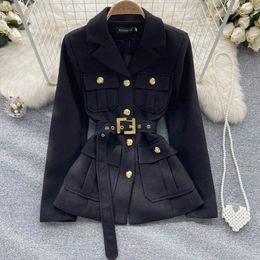 Autumn Winter Outerwear Fashion Vintage Golden Buttons Pocket Coat Women's Notched Collar Belted Blazers Jackets Tops 231225