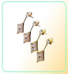 Exquisite Fashion Lady Titanium steel Tassels Single Diamond Pink Agate Four Leaf Flower 18k Gold Plated Dangle Earrings 3 Color9565771