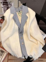 UCXQ Hem Cut Out Tassel Cardigan Coat Women White Grey Contrast Long Sleeve Sweater Warm Jacket 2023 Autumn Winter 23A5095 231225