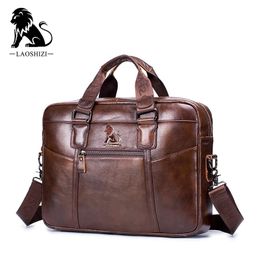 Briefcases New Genuine Leather Men's Business Computer Bag Vintage Briefcase Fashion Messenger Bags Man Shoulder Bag Postman Male Handbags
