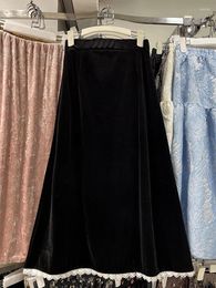 Skirts French Chic Elegant Velvet For Women A-line High Waist Female Autumn Long Skirt Ladies Daily Maxi Drop