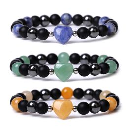 8mm Hematite Matted Beads Natural Stone Rose Quartz Topaz Tiger's Eye Agate Heart Bracelet Men Women Yoga Healing Balance Bracelet