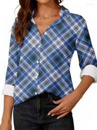 Women's Blouses Casual Blue Office Women Plaid Shirt 2023 Turn-down Collar Print Long Sleeve Shirts For Korean Reviews Many Clothes
