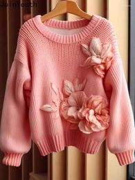 Women's Sweaters Winter Clothing Knitwear Pullovers For Women Pull Femme Heavy 3D Floral Pink Sweet Jumper Thicked Fashion Knit Sweater Tops