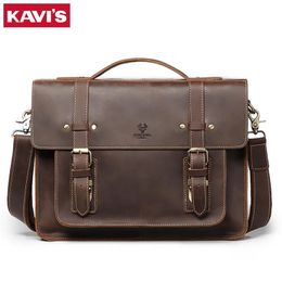 Briefcases Kavis New Men Leather Coffee Briefcase Business Handbag Messenger Bags Male Vintage Shoulder Bag Men's Laptop Travel Bags Hot