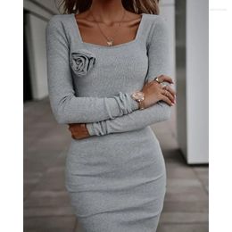 Casual Dresses Versatile Delicate Classy Spring Women Solid Colour Three-Dimensional Flower Decoration Long Sleeve Tight Midi Dress