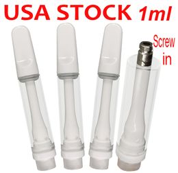 USA STOCK Full Ceramic Carts 1ml Vape Cartridges Thick Oil Carts Flat Screw in Tips Glass Tanks Empty E-cigarette 2mm 4 Oil holes Ceramic Coil 510 thread Atomizer V22