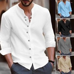 Men's Casual Shirts Retro Style Men Solid Colour Shirt Tops Stand Collar Long Sleeve Single Breasted Loose Work Workwear