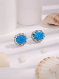 Stud Earrings Sterling 925 Silver Women's Inlaid With Zircon And Round-shape Blue Opal For The Daily Or Office Wearing Need