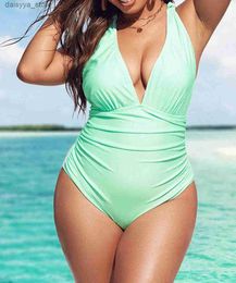 Swim wear 2023 Plus Solid Swimsuit One Piece Large Size Swimwear Women Green One-piece Beachwear Bathers Bathing Swimming Swim Suit FemaleL23118