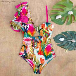 Swim wear 2023 New Sexy Ruffle Print Floral One Piece Strappy One shoulder Swimwear Women Swimsuit Bathing Suit Backless Beachwear MonkiniL23118