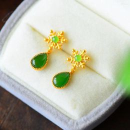 Dangle Earrings Natural Hetian Jade S925 Sterling Silver Stud Fresh Green Flower Snowflake Ornament For