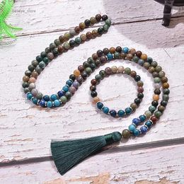 Pendant Necklaces 8mm Indian Agate Apatite Lapis Lazuli Beads Necklace Bracelet Japamala Set 108 Mala Rosary Meditation Prayer Jewellery for WomenL231225