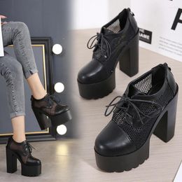 Dress Shoes 14CM Cool Boots Genuine Leather Mesh Zipper Female Pumps Spring Summer Round Toe Square High Heel Women Size 34-39