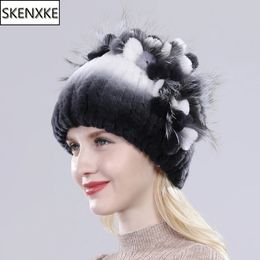 Russia Women Real Rex Rabbit Fur Skullies Hats Luxury Knitted Flowers Genuine Rex Rabbit Fur Cap Winter Real Fur Beanies Hat 231225