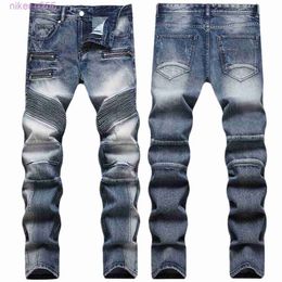 Designer Autumn and Winter New Men's Vintage Patchwork Jeans Trendy Personalized Slim Fitting Small Foot Motorcycle Pants