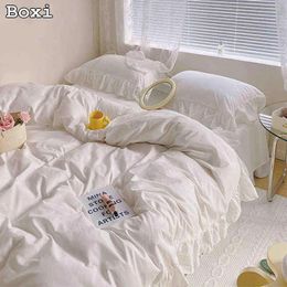 sets Japan Style Solid Colour Bedding Set Cute Girl Ruffle Lace Pink Bed Skirt Kids Duvet Cover With Case Bed Sheet For Women T220817