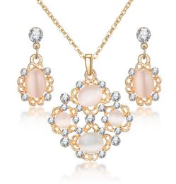 Fashion Opal Jewellery Sets For Woman Cubic zirconia Drop Golden Plated Necklace Pendant Earrings Statement Bridal Wedding Gift8480353