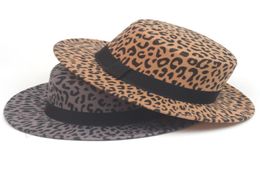 2020 New Women Men Leopard Print Wool Felt Boater Hat Wide Brim Flat Top Fedora Hats Retro Ladies Formal Party Trilby Cap9688816