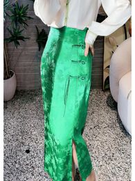 Skirts Chinese Style Exquisite Jacquard Midi Skirt Women High-waist Retro Buckle Elegant Solid Slim Casual Slit All-matched