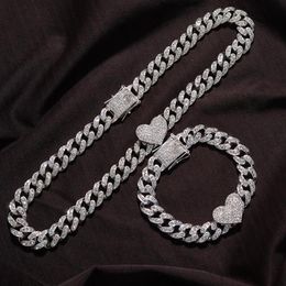 Chains 2Pc Set Rapper Full Heavy Heart-shaped Cuban Link Bracelet Iced Women For Men Necklcae Chain Prong Pave Luxury Hiphop Jewel295Y