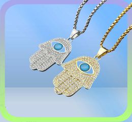 Turkish Hamsa Hand of Fatima Pendant Necklace Gold Stainless Steel Iced Out Chain Hip Hop WomenMen Jewelry 2106219621373