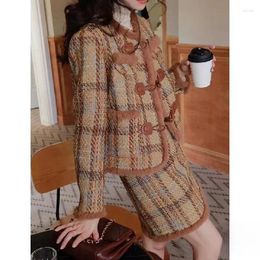 Women's Jackets Autumn And Winter Plaid Retro Style Temperament Horn Button Top Skirt Suit For Women