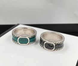 Designer Green Gemstone Enamel Band Ring Female Sterling Silver Interlocking Retro Distressed Rings Luxury Simple Couple Ring
