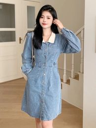 Casual Dresses Elegant Women Denim Shirts Dress Autumn Oversized Turn-down Collar Long Sleeve Single Breasted Female