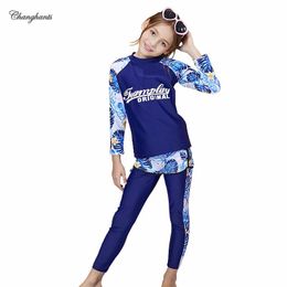 set Kids Swimwear 3 Pieces Set Blue Leaves Pattern Girls Long Sleeve Rash Guard 216 Y Children Swimsuit Teens 3 In 1 Sandy Outfit