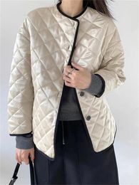 Women's Jackets Women Satin Glossy Parkas Coat Argyle Patterned Quilted Loose 2023 Autumn Single Breasted Female O-neck Silhouette Jacket