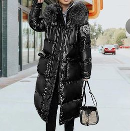Women's Trench Coats Long Coat Warm Thickend Shiny Down Cotton Jacket For Women Winter Korean Mid Length Fur Collar Over Knee Thick