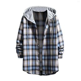 Men's Casual Shirts Men Autumn And Winter Plaid Print Shirt Long Sleeve Hooded Collar Blouse Printed Tee Turn Button