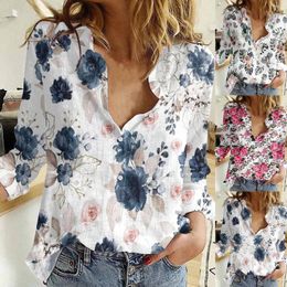 Women's Blouses Fashion Printed Button Down V Neck Long Sleeve Roll Up Tunics Tops Women Dressy Casual Ladies Elegant Shirts Blusas