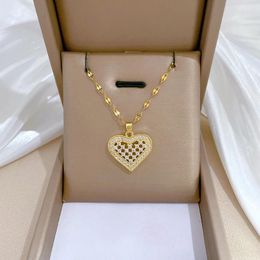 Chains Stainless Steel Rhinestone Pave Heart Pendant Necklace Ladies Choker Elegant Temperament Jewelry Valentine's Day Gift