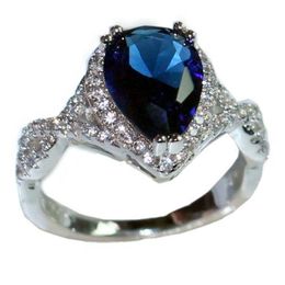 925 Sterling Silver crown Delicate Pear-Shaped Blue Sapphire Water-Drop gemstone ring finger size 5-10241N