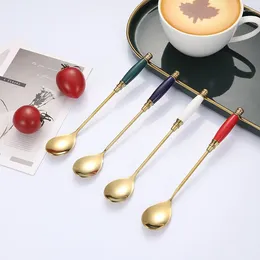 Coffee Scoops 4pc Pack 304 Stainless Steel Stirring Spoon Ceramic Handle Gold Plated Tiny Home Restaurant Cute Dessert Gift