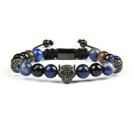Men Panther Cz Bracelets Whole 8mm Natural Stone Beads With Black CZ Leopard Macrame Stainless Steel Jewelry332V