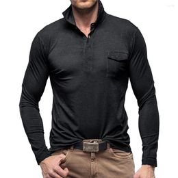 Men's Polos Autumn Sports Casual T-Shirts Solid Color Long Sleeve Henley Grandad Lapel Collar Tops Pullover Pocket Button Man T-shirt