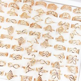 whole 100pcs Lot Gold Plated Women Fashion Rings Laser Cut Flowers Metal Alloy Ring Party Gifts Mix Styles Brand New289B
