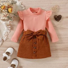 Clothing Sets 0-5Y Kids Girls Autumn Clothes Set Baby Ruffle Long Sleeve High Neck Knit Tops + Corduroy Skirts Children Outfits