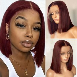 99j Burgundy Indian 100% Human Hair 13X4 Lace Front Bob Wig 130% 150% 180% Density Silky Straight 10-18inch