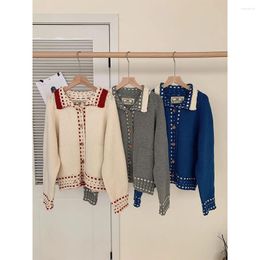 Women's Knits Soft Warm Women Sweaters Contrast Colour Dot Print Turn Down Collar One Breasted Vintage Knitting Coat Versatile Female