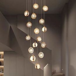 New modern Loft rotating Crystal ball staircase LED pendant lamp Luxury villa hollow high living room Lustre long pendant lamp