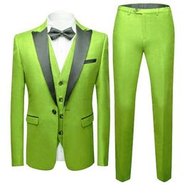 Jackets Custom Made Groomsmen Lime Green Groom Tuxedos Peak Black Lapel Men Suits Wedding Best Man Blazer ( Jacket+pants+vest+tie ) C484