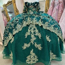 Emerald Green Princess Quinceanera Dresses Off the Shoulder 3D Flower Applique Lace Corset Prom Birthday Lace-up Sweet 16Dress