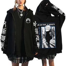 Jujutsu Kaisen Zip-up Jackets Anime Hoodies Gojo Satoru Hood Sweatshirts Casual Polar Fleece Jacket Male Female Long Sleeve Coat